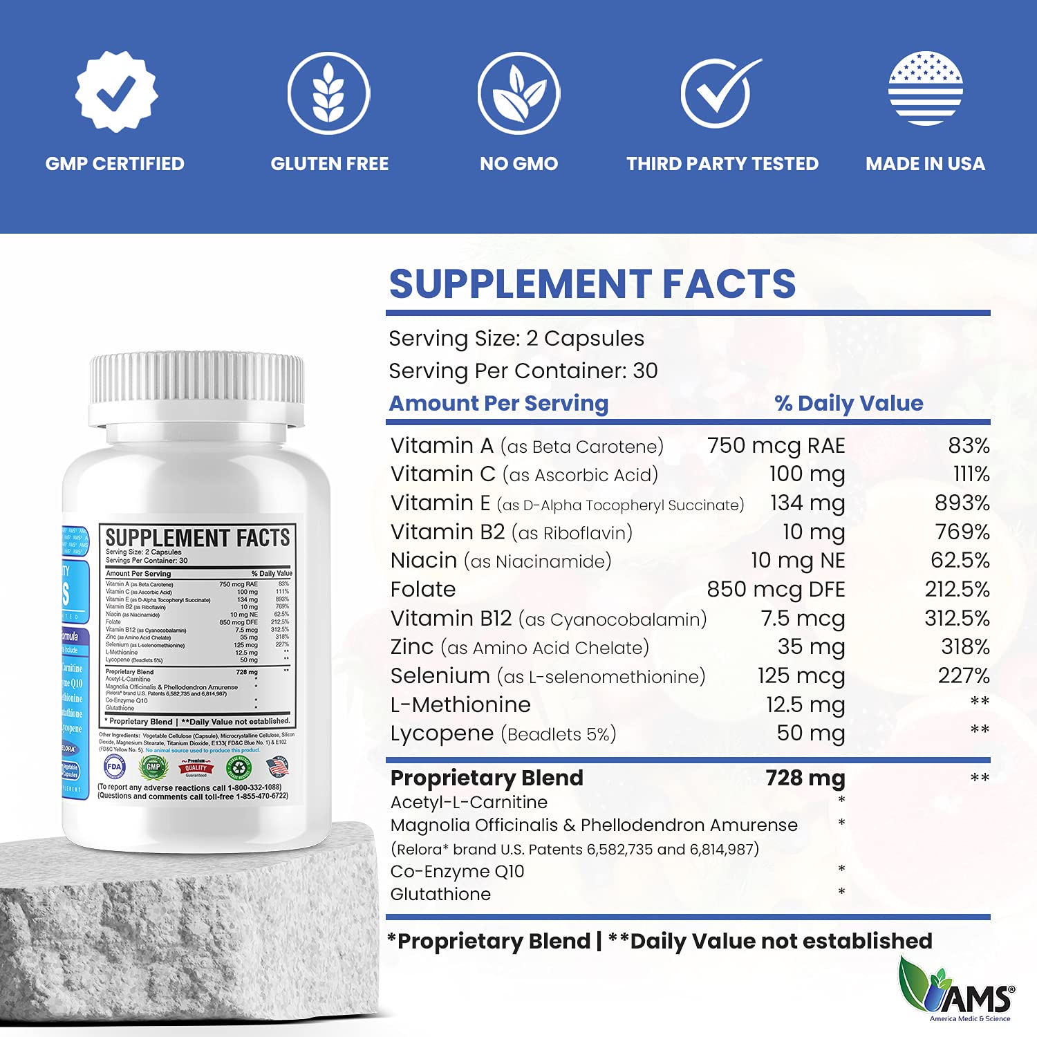 America Medic & Science MFS Plus key ingredients zinc and CoQ10.
