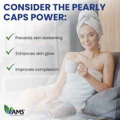 Pearly Caps bottle beside glow imagery suggesting radiant skin potential.