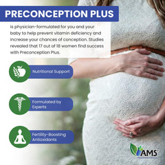 Preconception Plus bottle with glass emphasizing convenient prenatal nutrition.