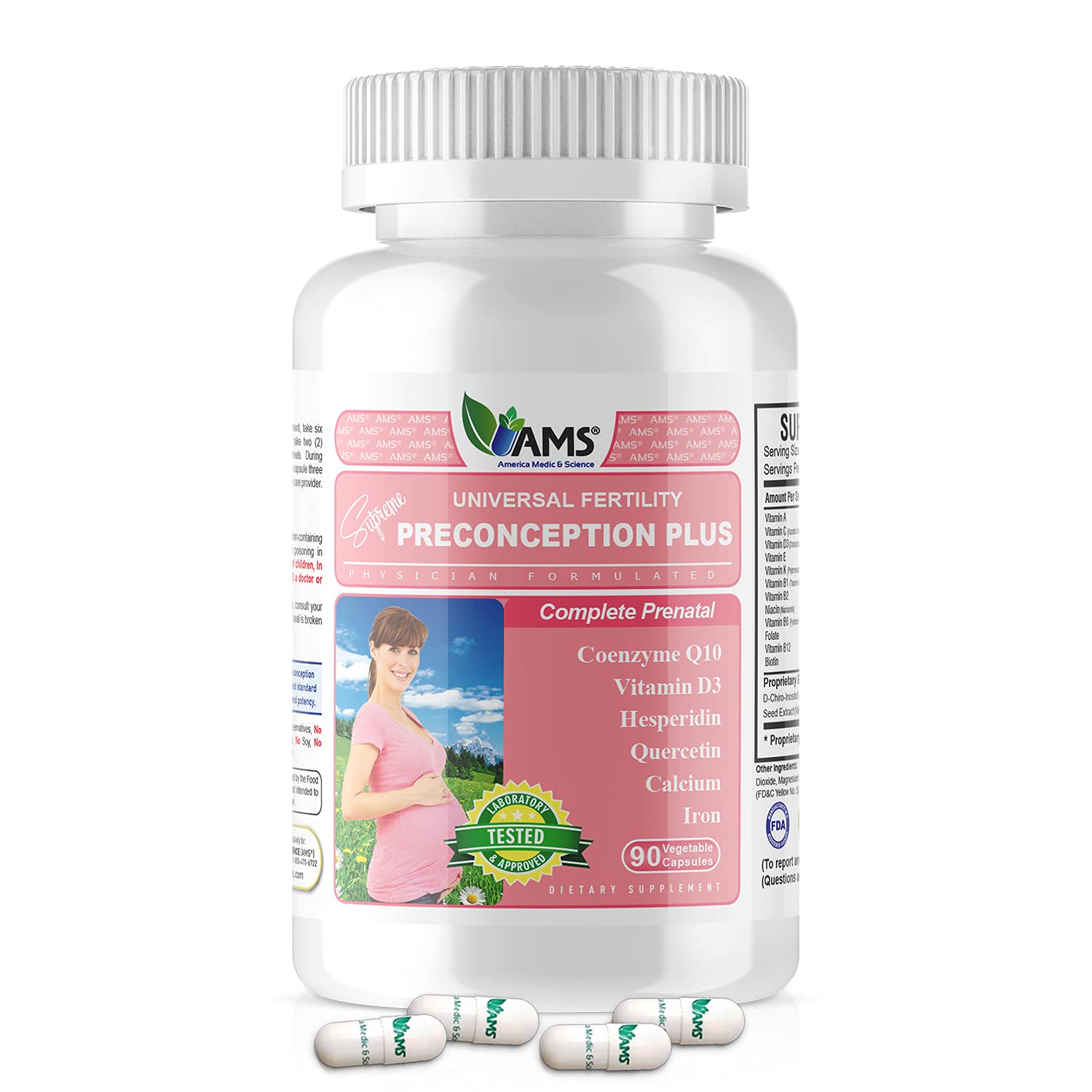 America Medic and Science Preconception Plus bottle label highlights prenatal nutrition
