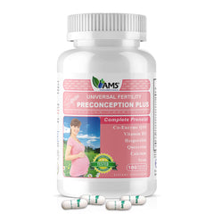 America Medic and Science Preconception Plus bottle on counter for daily fertility support.