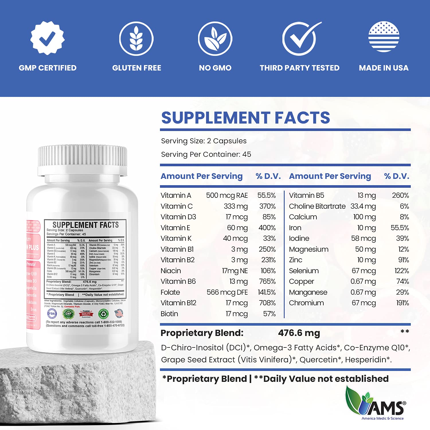 America Medic and Science Preconception Plus capsules laid out for daily dosage