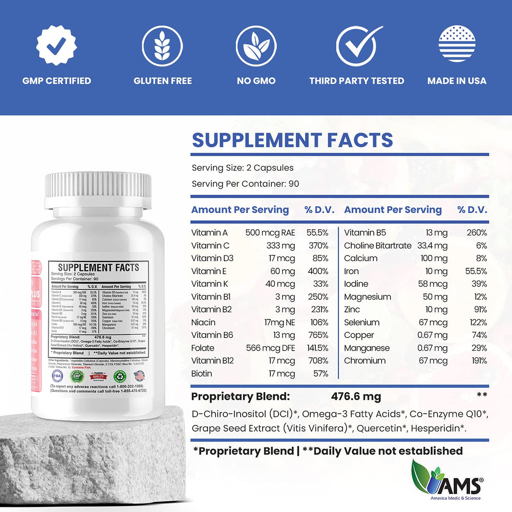 Nutrition label on Preconception Plus highlighting essential prenatal nutrients.