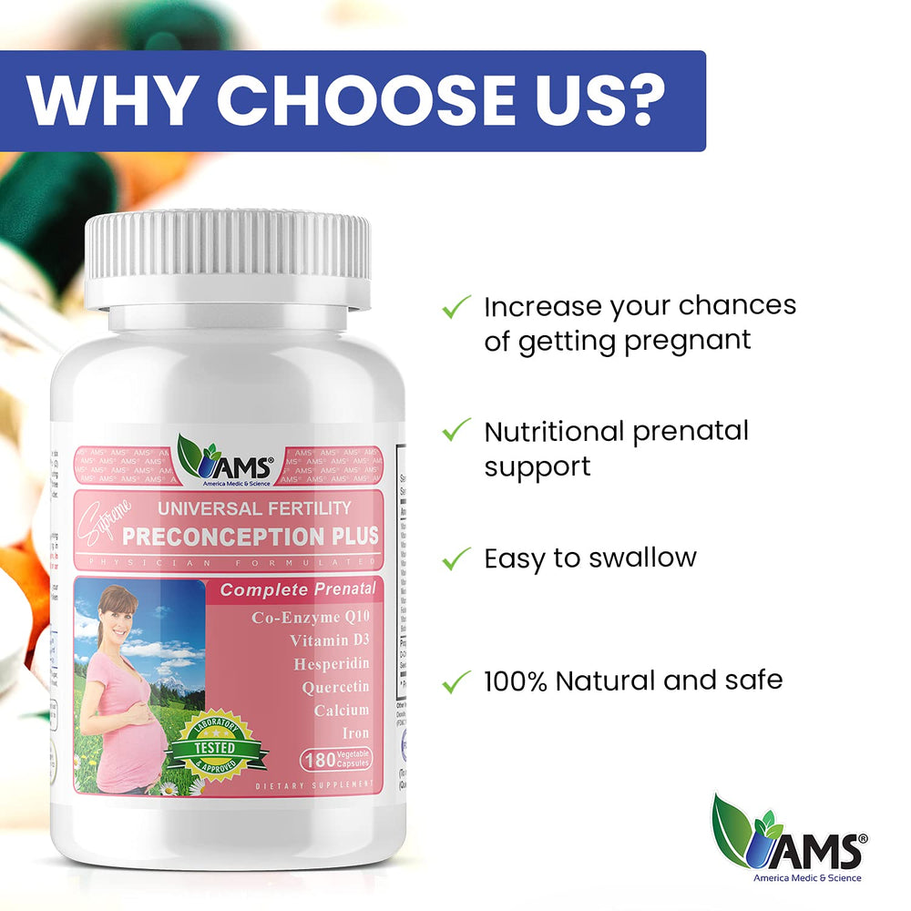 Packaging of America Medic and Science Preconception Plus conveys reliability and quality.