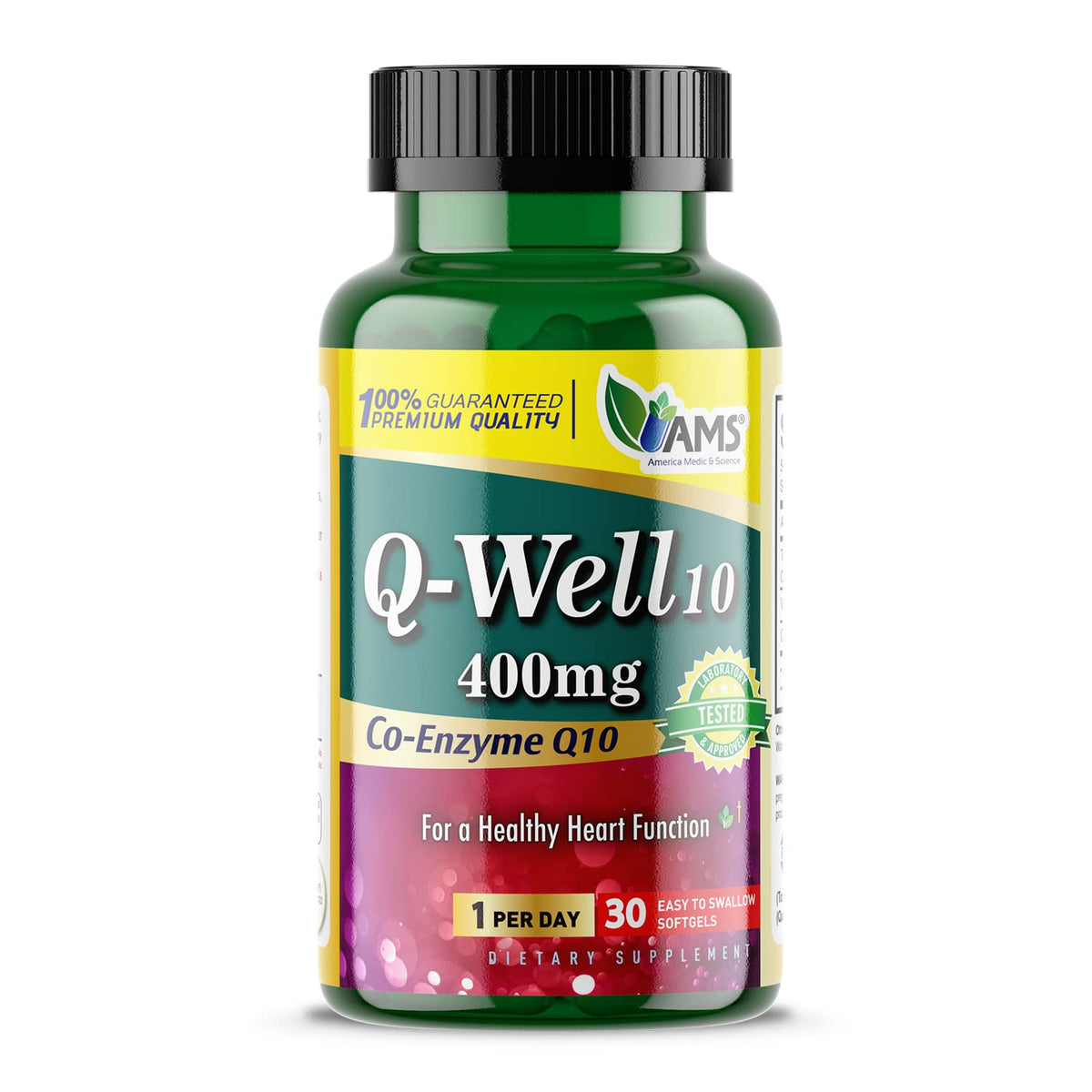 America Medic and Science Q-Well-10 bottle front showing CoQ10 400mg energy support