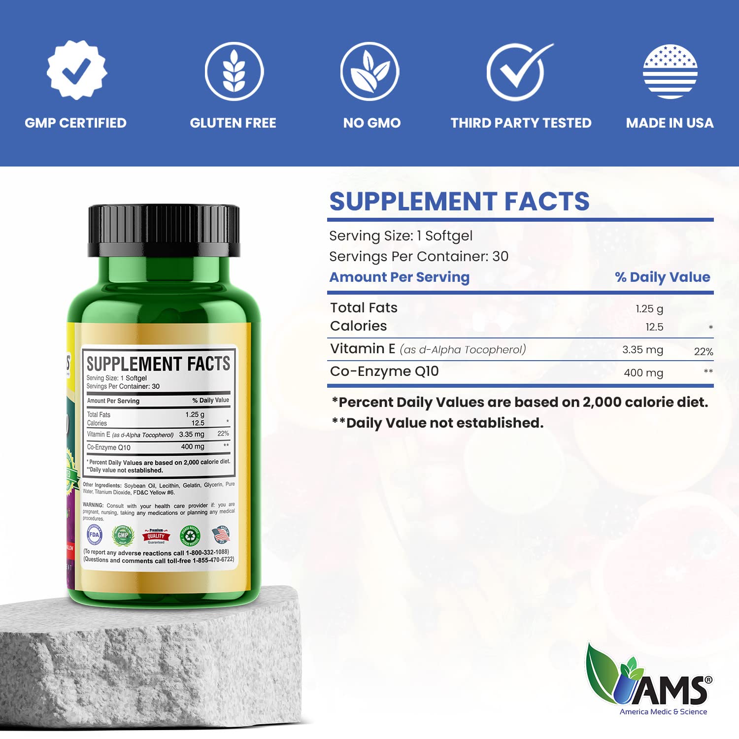 America Medic and Science Q-Well-10 ingredient panel highlights CoQ10 and Vitamin E