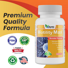 Motility Max vial beside glass, suggesting convenient daily supplementation.