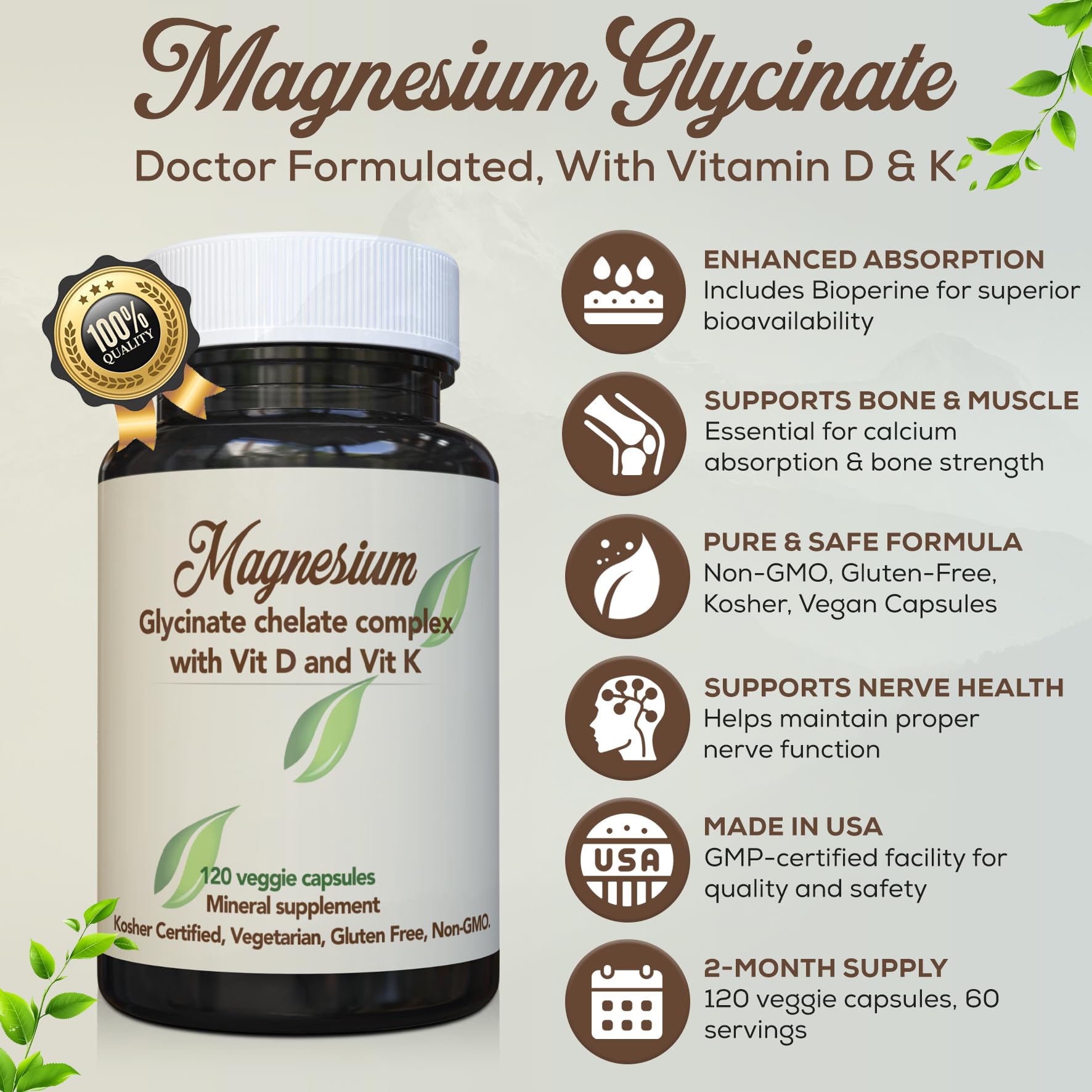 American Anti-Aging Magnesium Glycinate with D3 and K2 panel supports bone and heart wellness.