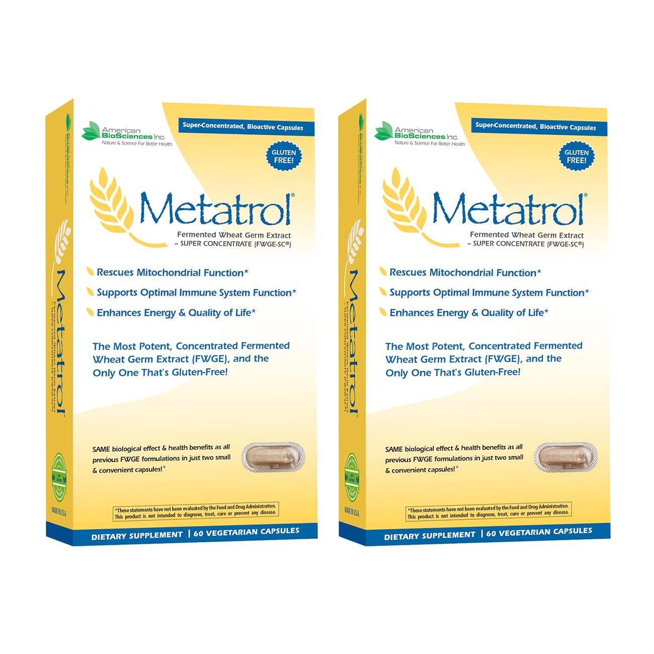 American BioSciences Metatrol bottle closeup with gluten-free FWGE-SC capsules