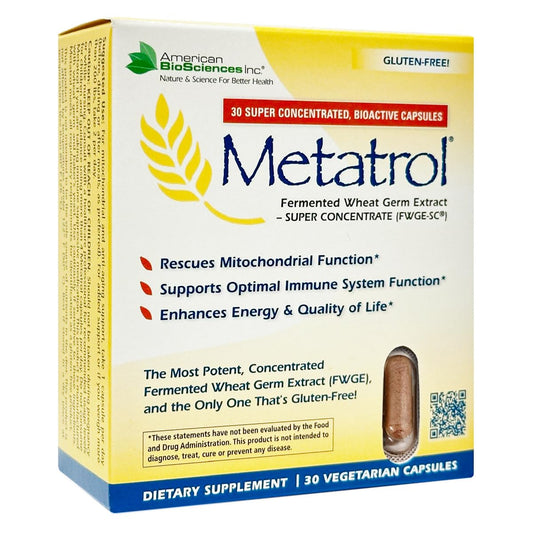 American BioSciences Metatrol bottle displaying fermented wheat germ formula for energy support.