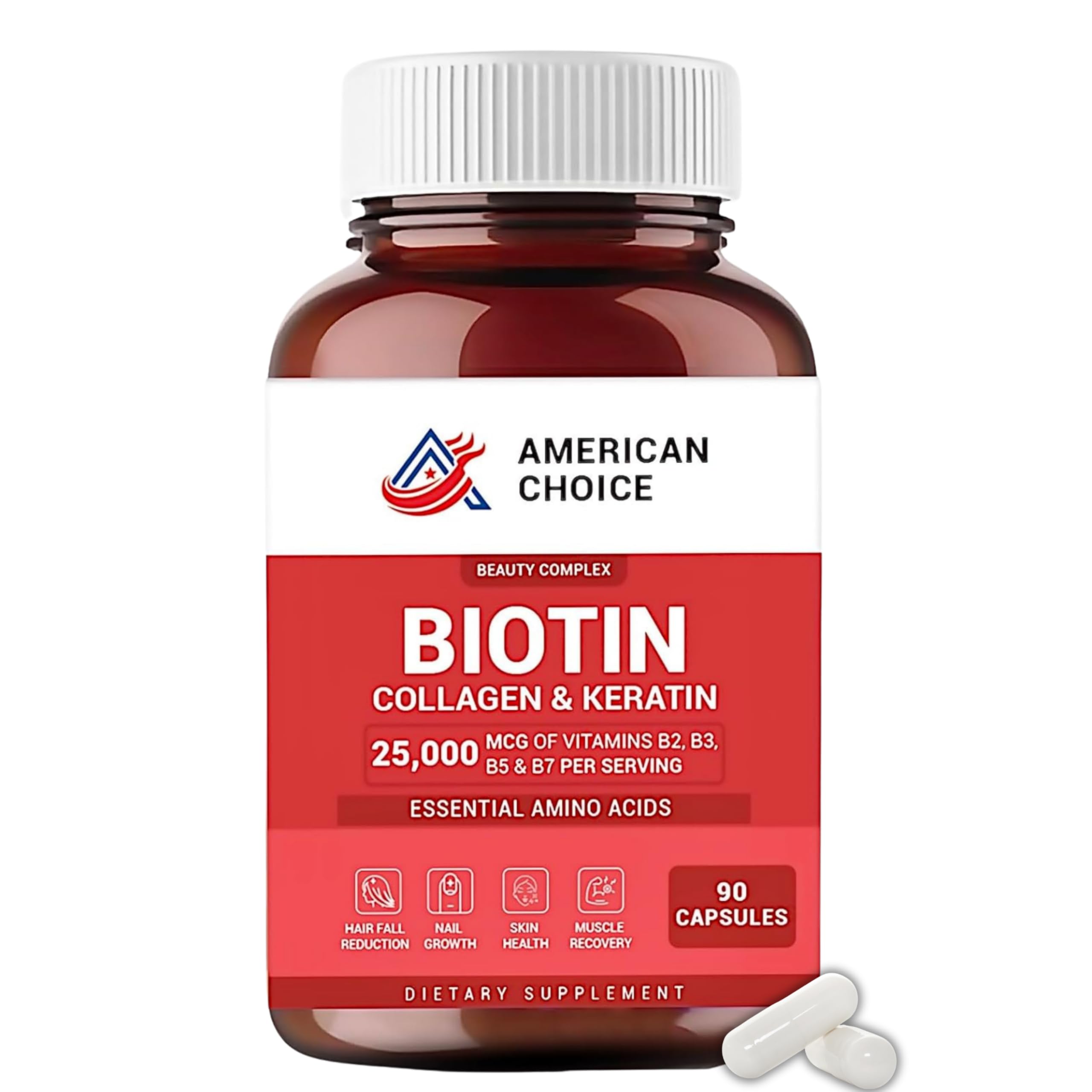 American Choice biotin-collagen-keratin bottle closeup for healthy hair and nails.
