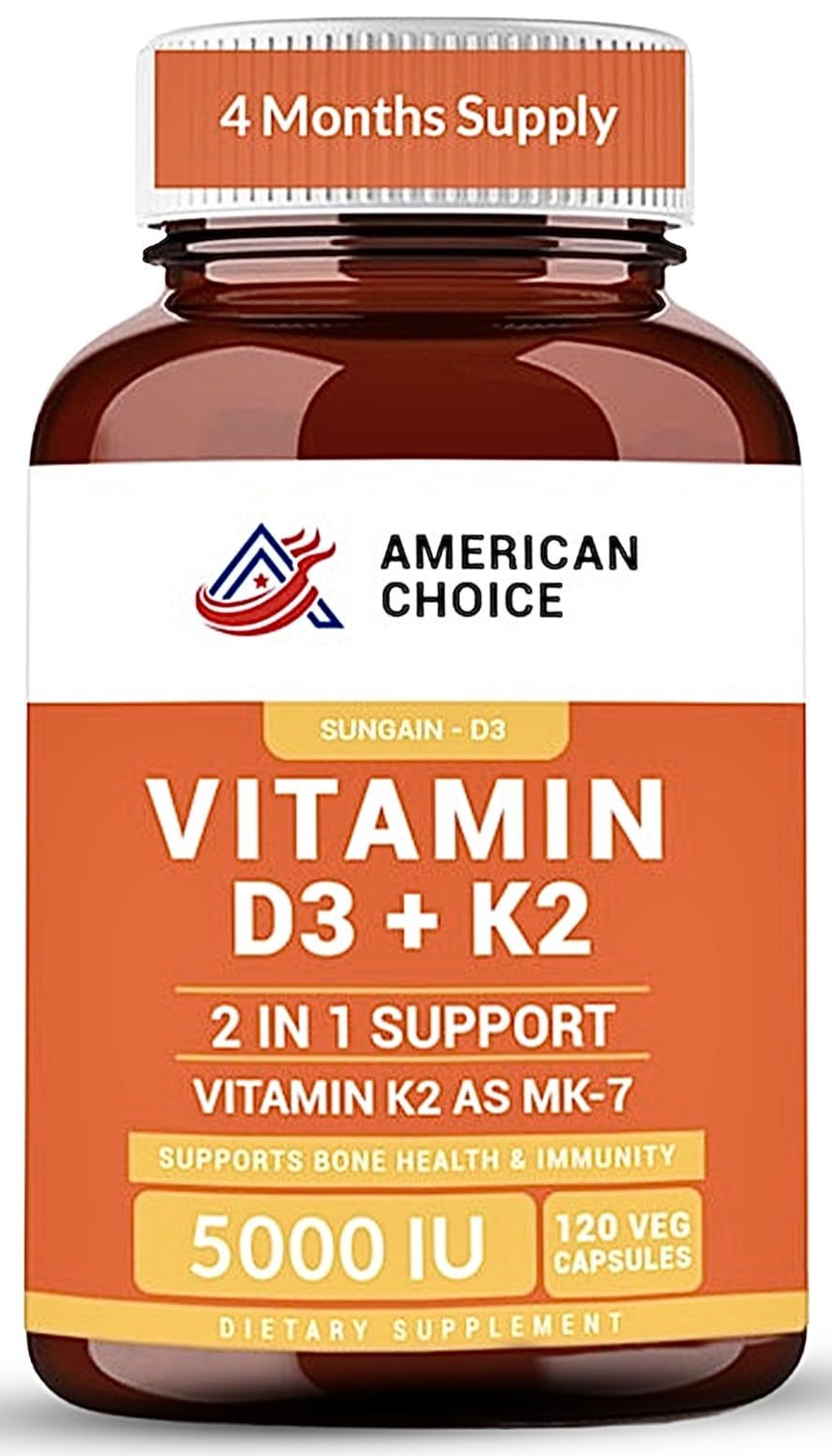 American Choice Vitamin D3 + K2 bottle close-up showing 120 capsules for daily wellness.