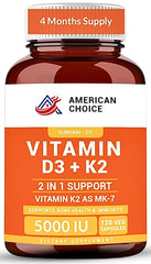 American Choice Vitamin D3 + K2 bottle close-up showing 120 capsules for daily wellness.