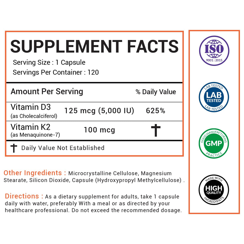 American Choice Vitamin D3 + K2 capsules ready to absorb for bone support.