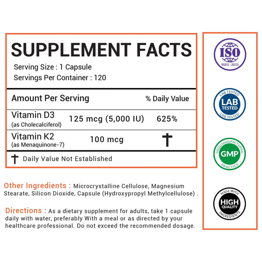 American Choice Vitamin D3 + K2 capsules ready to absorb for bone support.