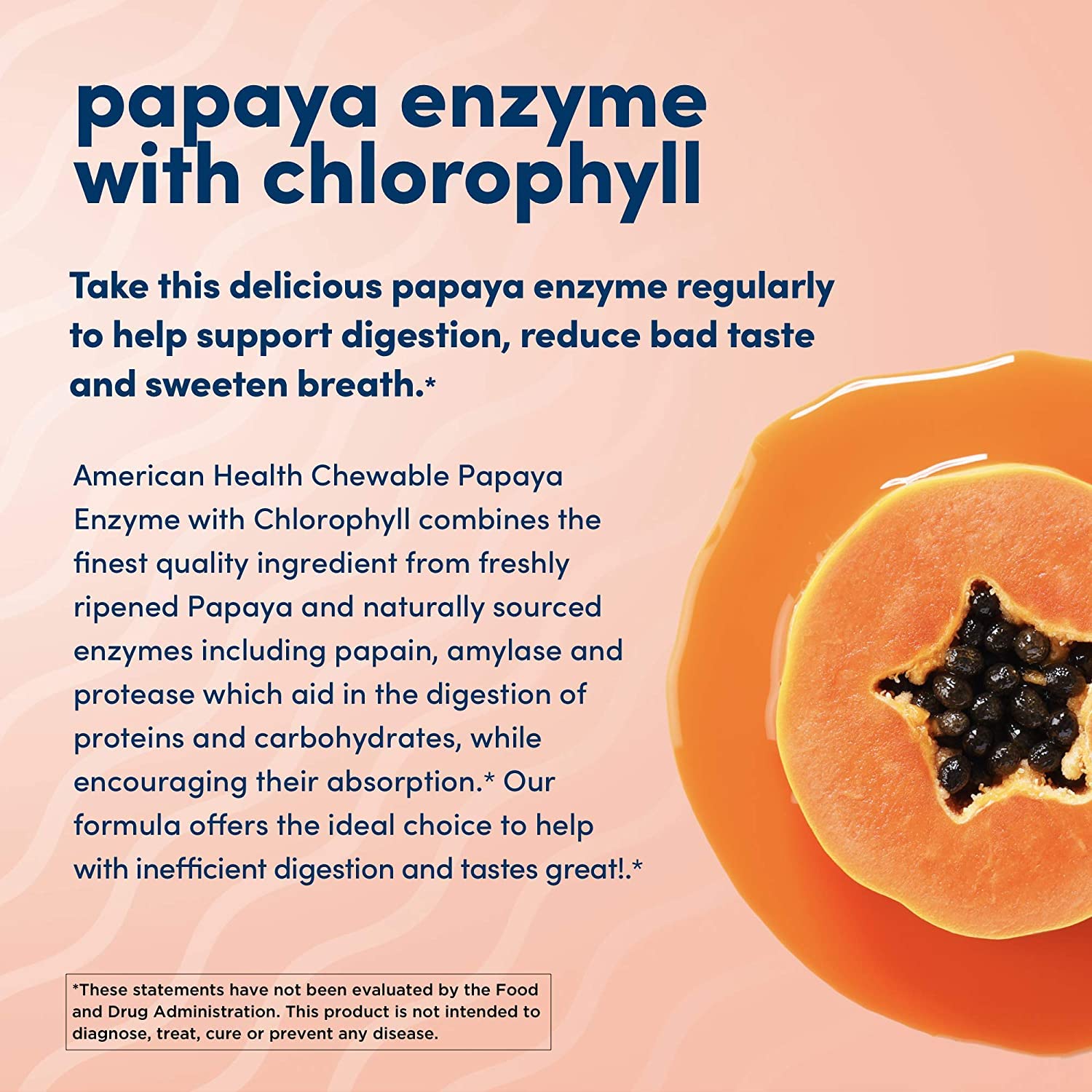 American Health Papaya Enzyme with Chlorophyll closeup featuring chlorophyll and peppermint for fresh breath