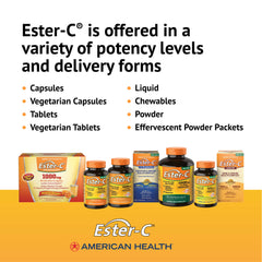 American Health Ester-C 500 mg display emphasizing gluten free, non-GMO.