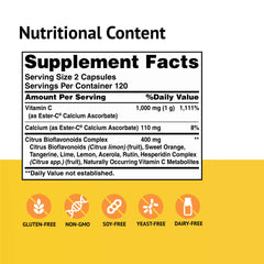 American Health Ester-C 500 mg bottle label close-up highlighting non-acidic formula.