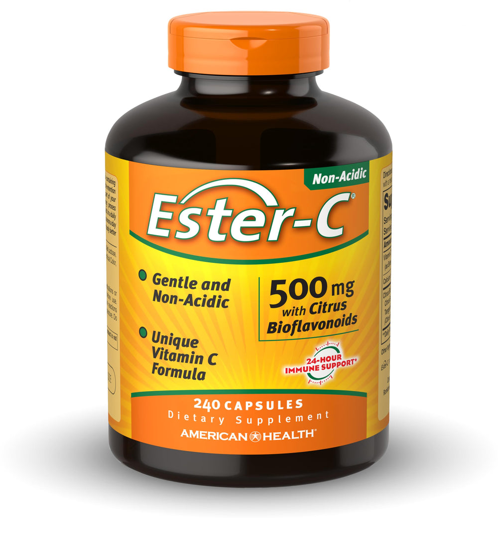 American Health Ester-C 500 mg capsules close-up with citrus bioflavonoids.
