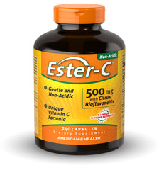 American Health Ester-C 500 mg capsules close-up with citrus bioflavonoids.