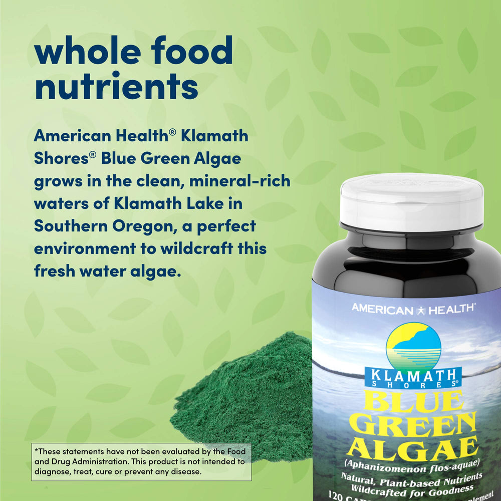 Blue green algae capsules close-up highlighting 500 mg per capsule.