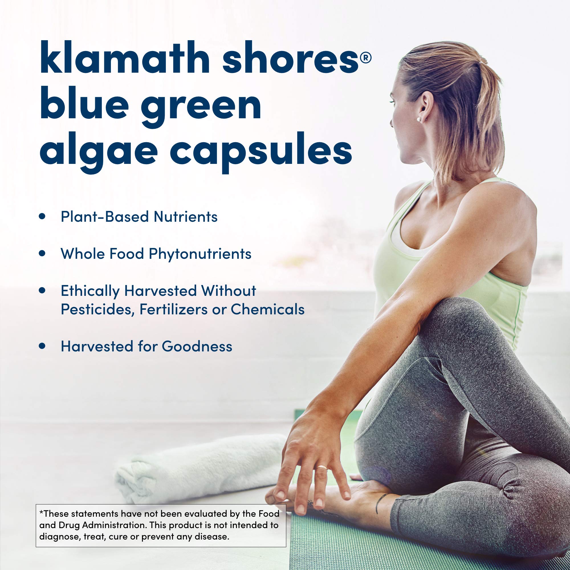 American Health label close-up on blue green algae bottle indicating quality.