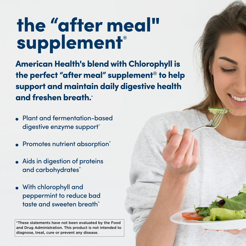American Health papaya enzyme chewables closeup highlights gluten-free vegetarian formula.