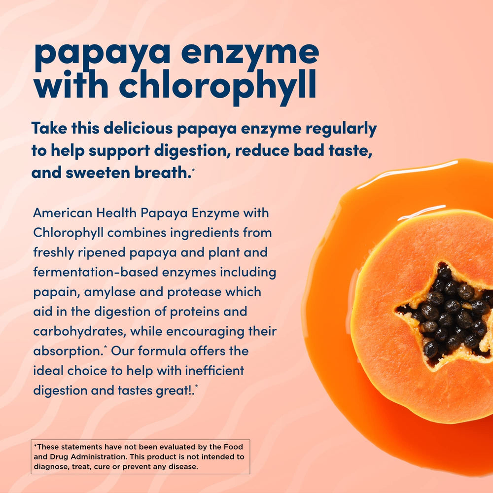American Health papaya enzyme chewables nutrition label shows 600 tablets in the two-pack value.