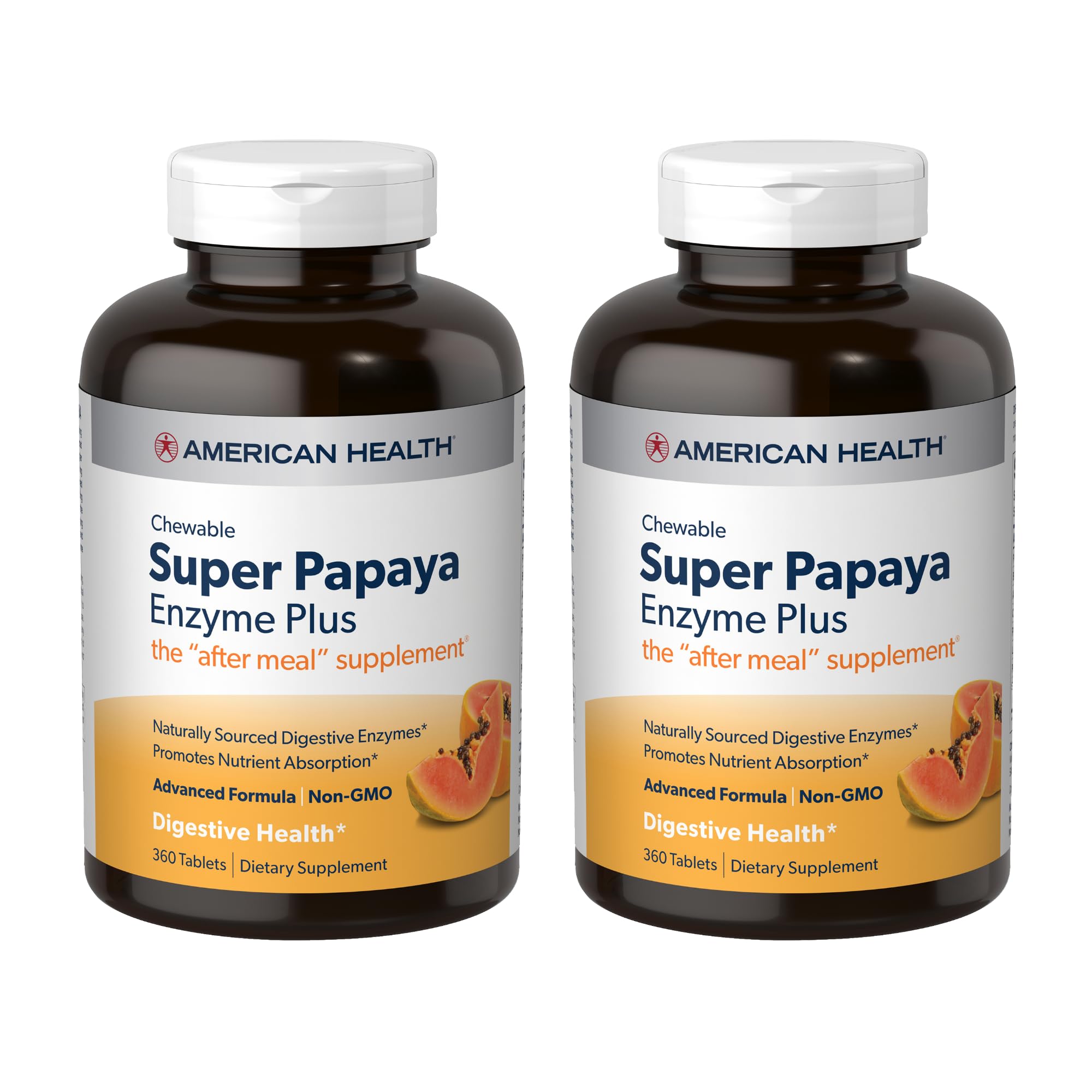 American Health Super Papaya Enzyme Plus chewables pack shown for after-meal support.