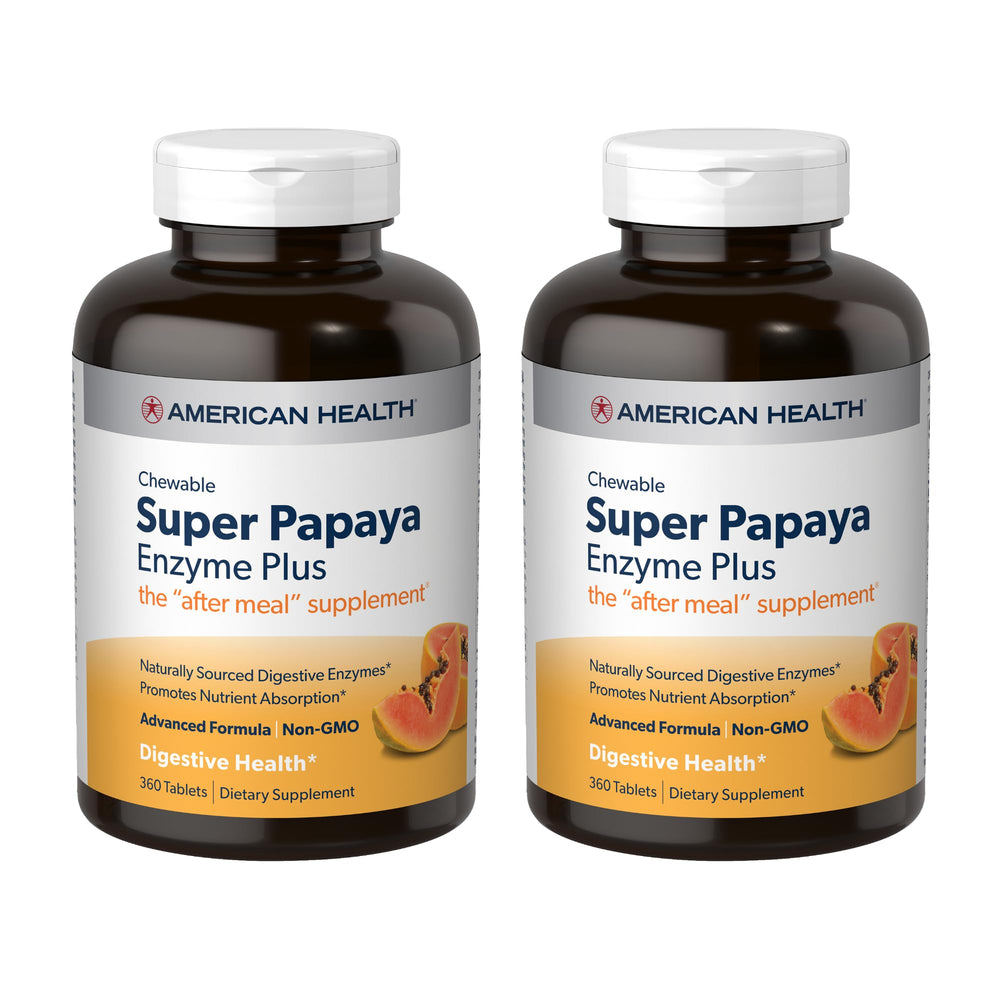 American Health Super Papaya Enzyme Plus chewables pack shown for after-meal support.