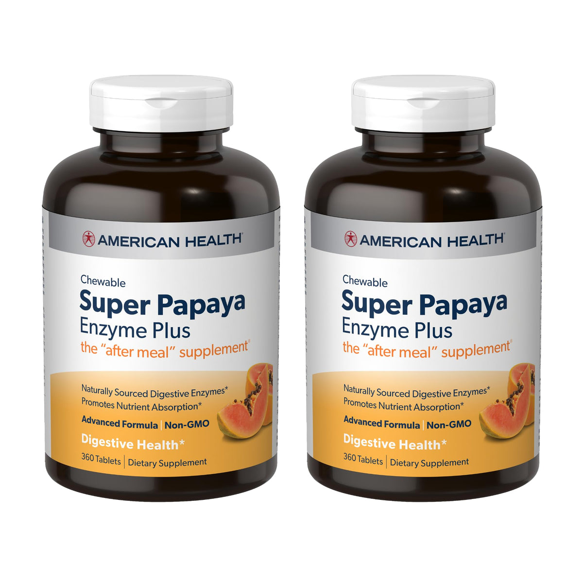 American Health Super Papaya Enzyme Plus chewables pack shown for after-meal support.