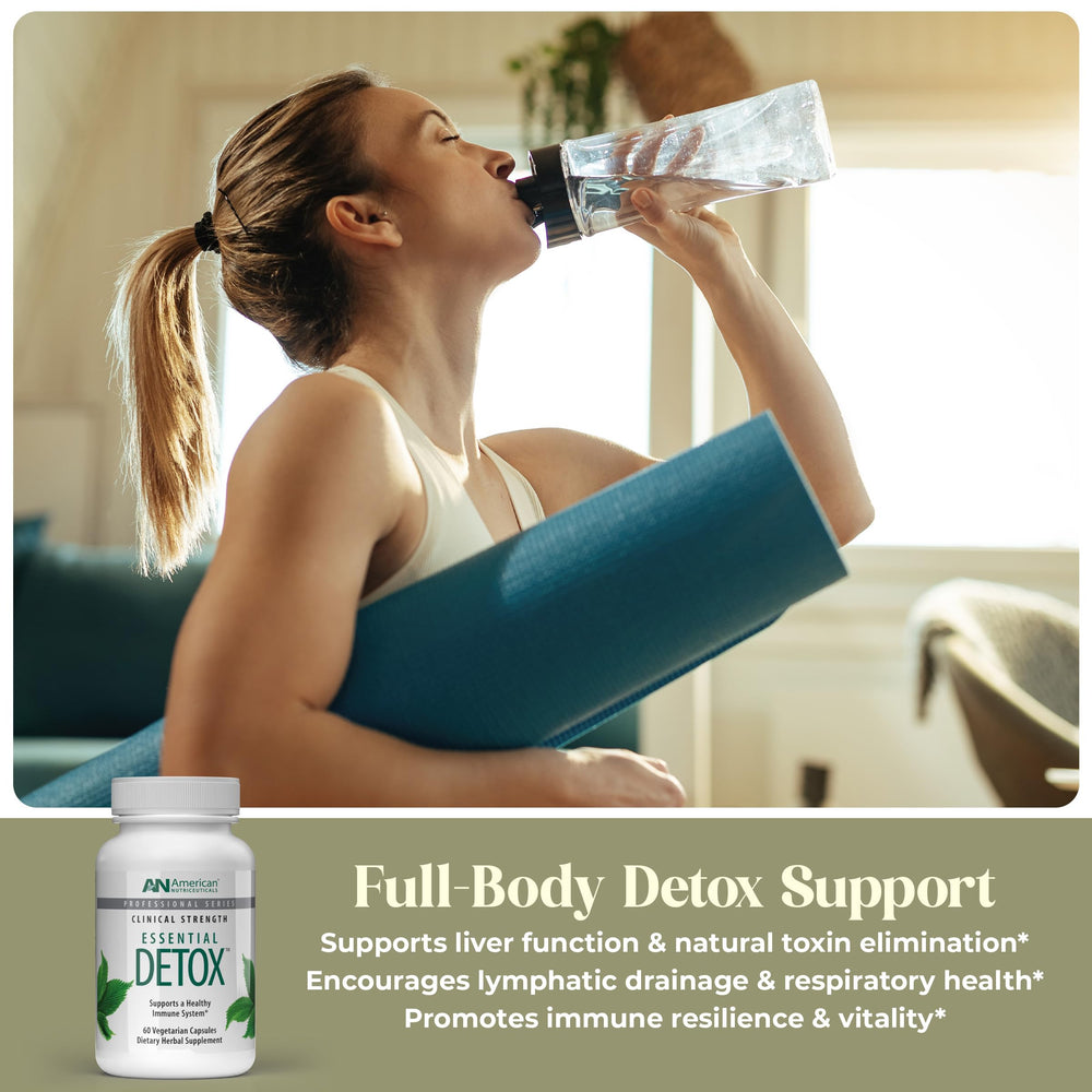 American Nutriceuticals Essential Detox bottle-closeup shows smooth capsules for easy swallowing.