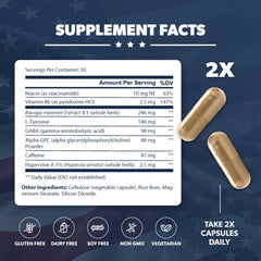 AMERICAN VITALITY Brain Formula bottle back label detailing ingredients and uses.
