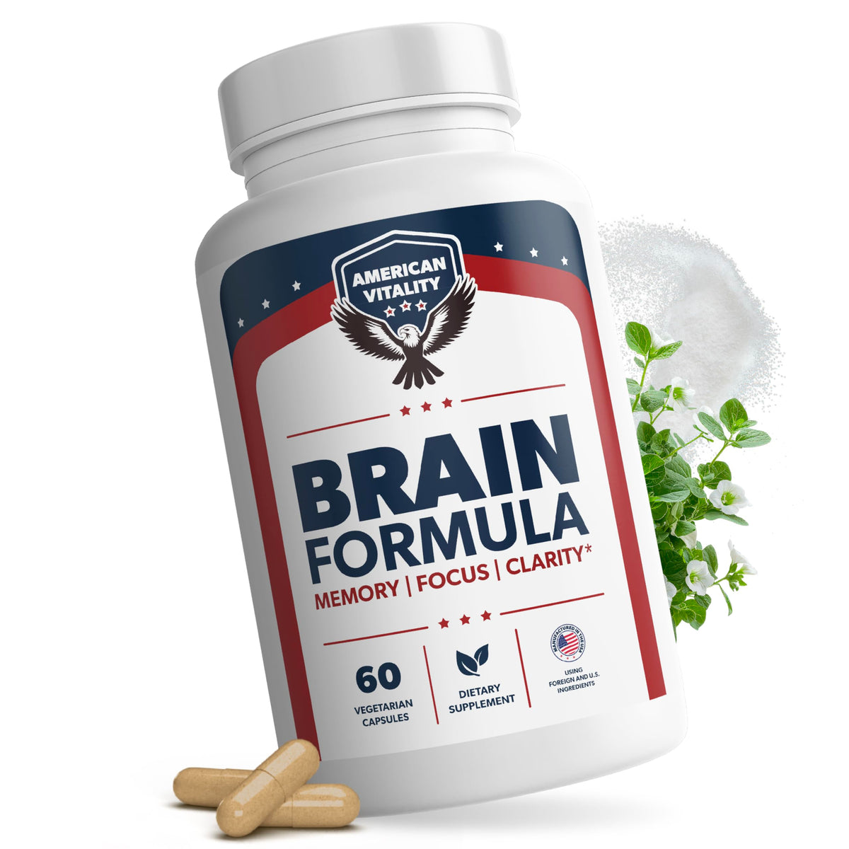 AMERICAN VITALITY Brain Formula bottle front for daily focus support.