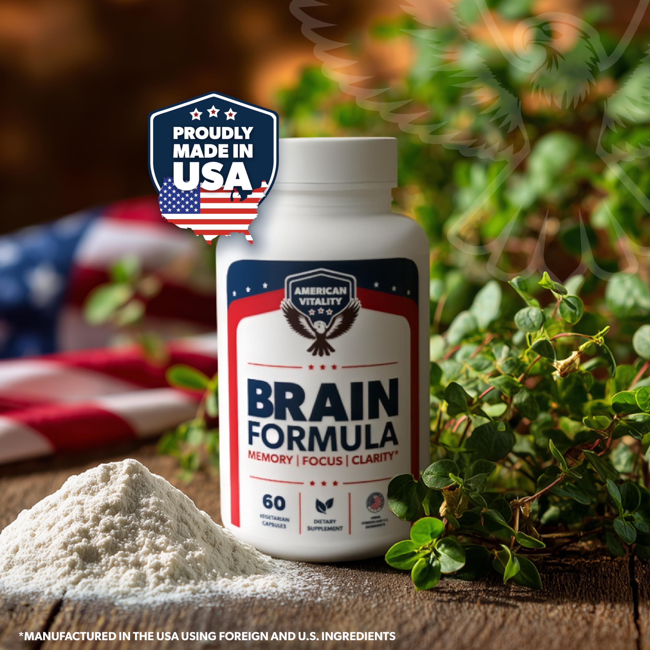 AMERICAN VITALITY Brain Formula packaging box promotes vegan, non-GMO formulation.
