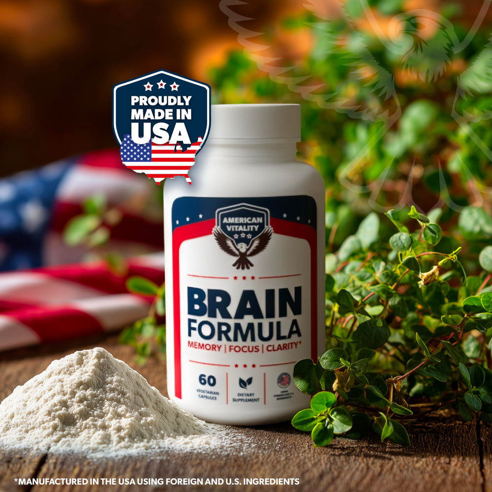 AMERICAN VITALITY Brain Formula packaging box promotes vegan, non-GMO formulation.