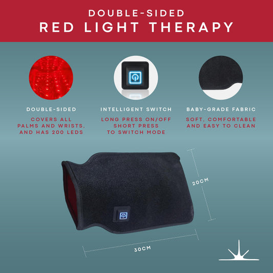 American Wellness Authority red light gloves displayed at wrist for joint comfort.