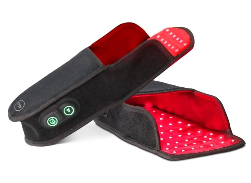 American Wellness Authority red and near-infrared foot light panel in slippers for home use.