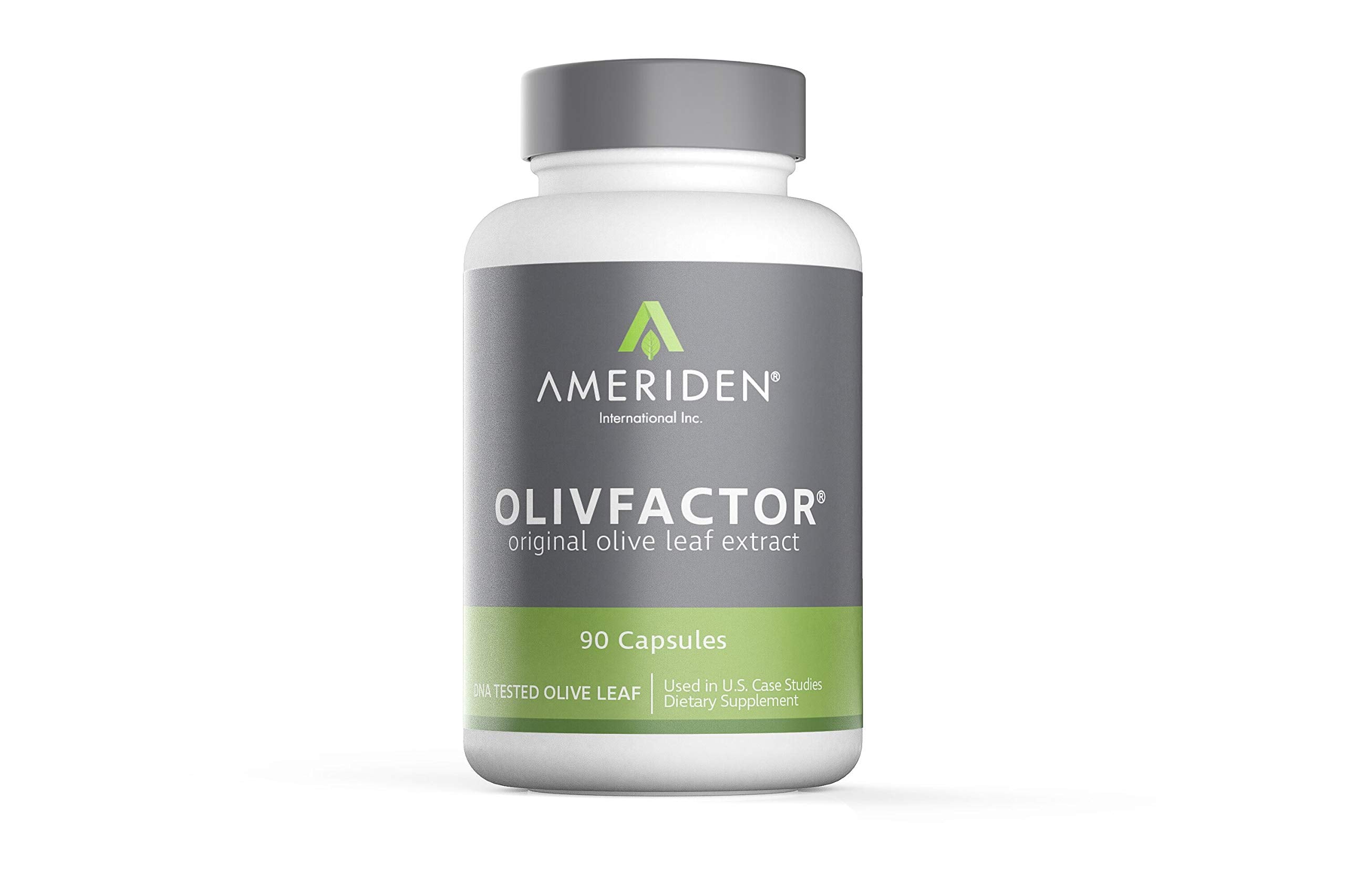 AMERIDEN OLIVFACTOR olive leaf extract bottle close-up showing 20% oleuropein potency for potential immune support