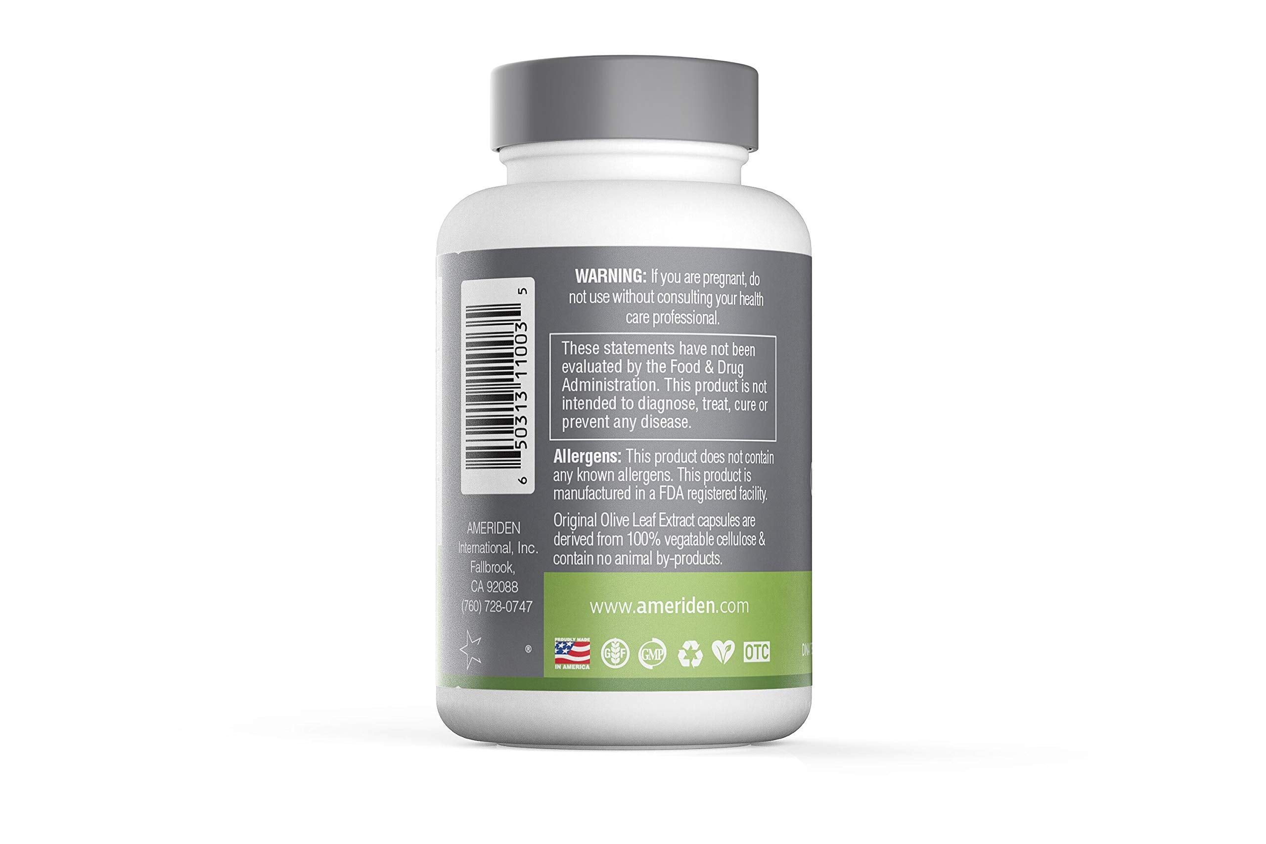 AMERIDEN OLIVFACTOR ingredients panel close-up noting naringin for absorption support