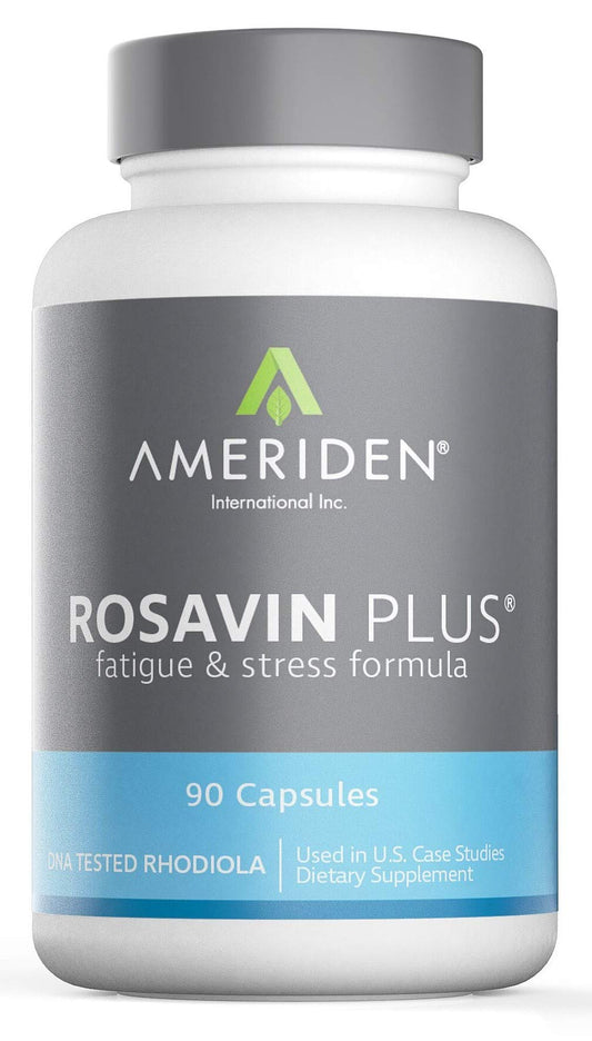 AMERIDEN Rosavin Plus bottle pouring to show 90 capsules for steady energy