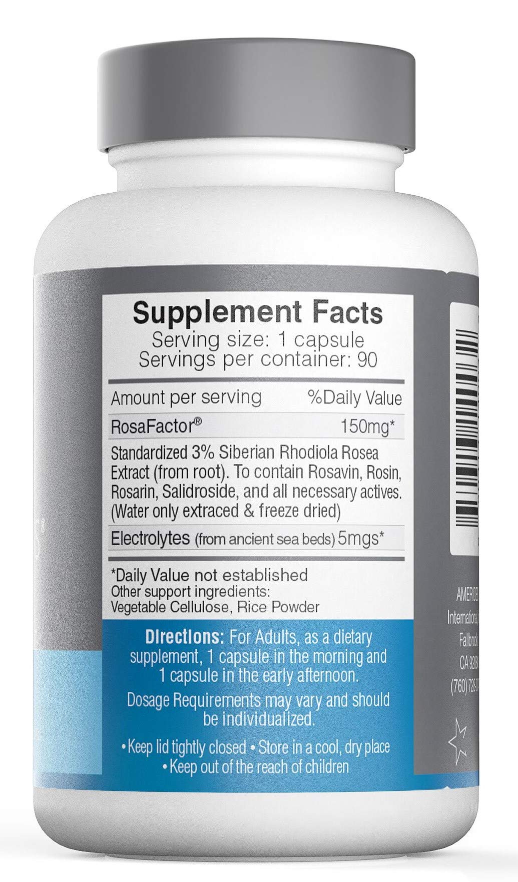 Close-up of Rosavin Plus capsules highlighting 150 mg extract and focus