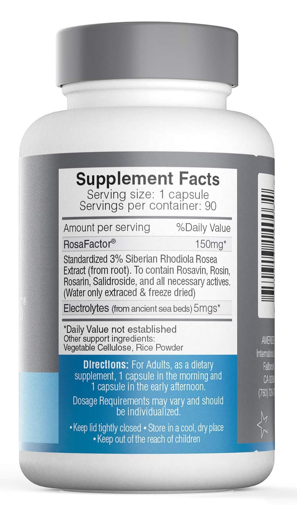 Close-up of Rosavin Plus capsules highlighting 150 mg extract and focus