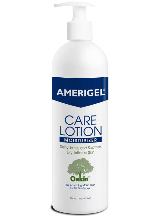 AMERIGEL Care Lotion label on bottle for easy daily use and gentle care.