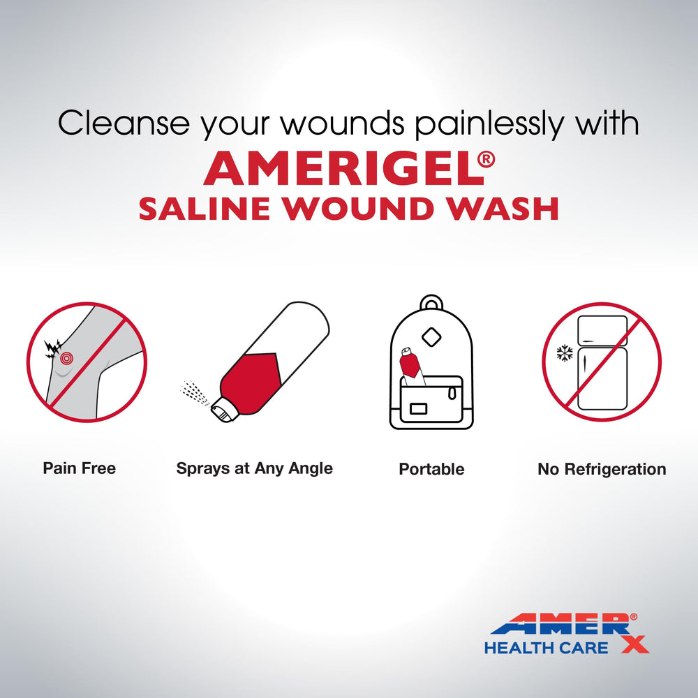 AMERIGEL Saline Wound Wash drug-free formulation gentle on skin.