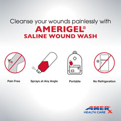 AMERIGEL Saline Wound Wash drug-free formulation gentle on skin.