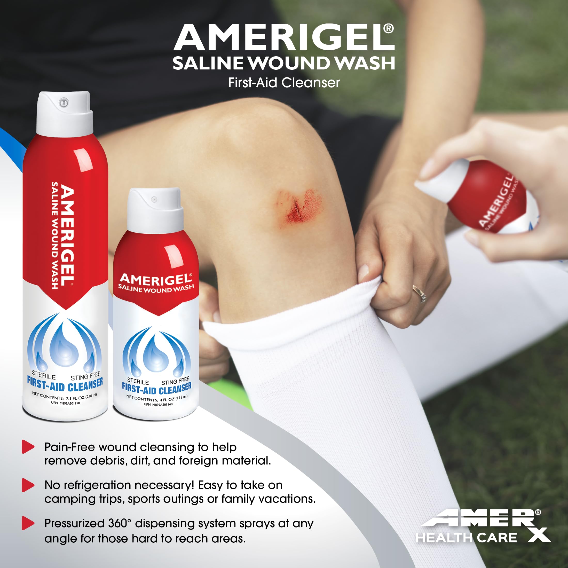 AMERIGEL Saline Wound Wash pressurized dispense reaches tough-to-clean areas.
