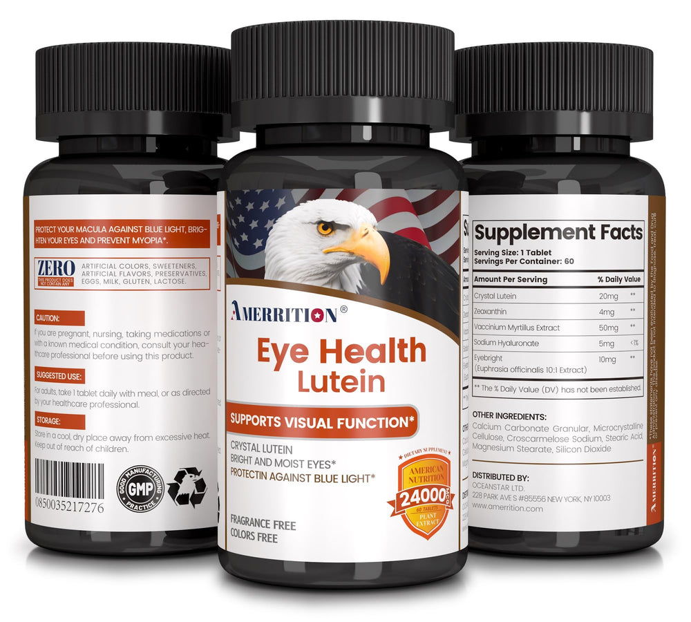 Amerrition bottle with capsules on a desk for everyday visual wellness