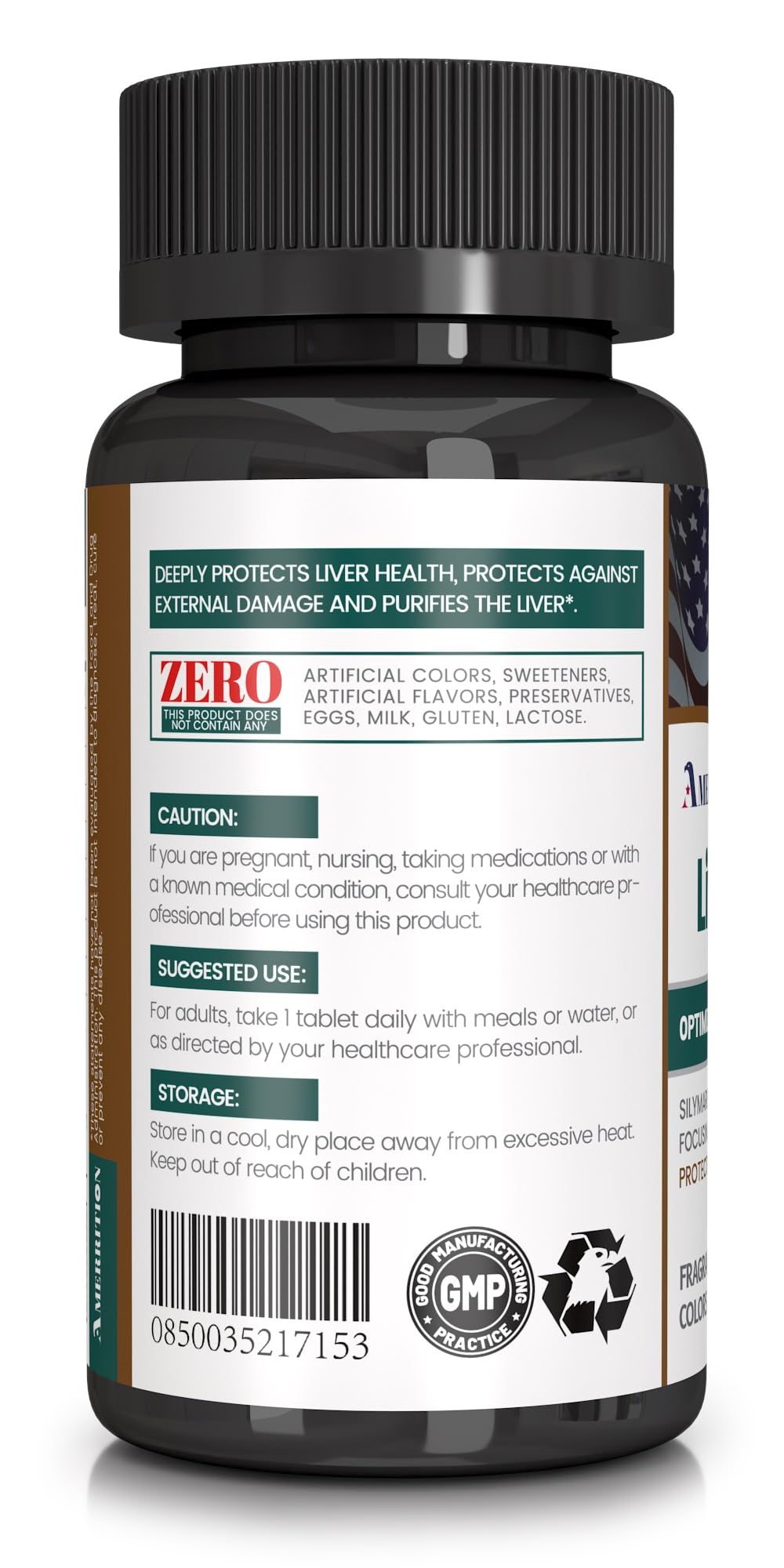 Amerrition liver-support bottle close-up with easy-to-swallow capsules.