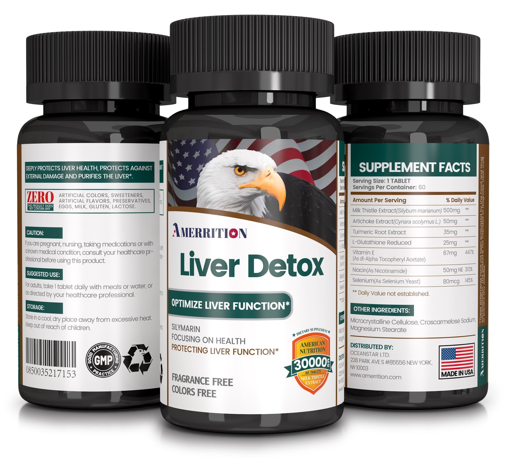 Amerrition liver-support packaging highlighting USA-made, third-party tested quality.